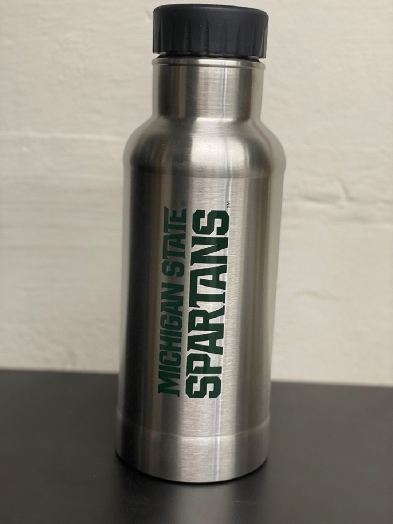 Michigan State Growler, 64oz.  Double walled stainless steel to prevent condensation sweating. Wide mouth opening with screw on spill-resistant lid. Recommended for cold liquids only. BPA free.
