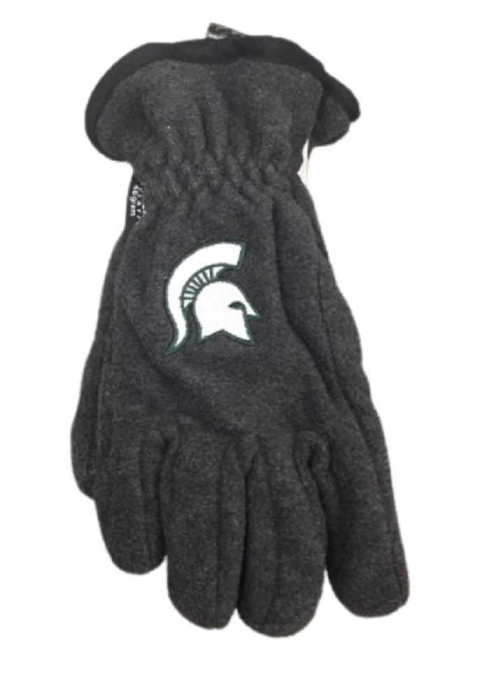 MSU Peak Gloves-Grey-Med.  These grey fleece gloves feature a Spartan helmet patch embroidered on the back of the hand.