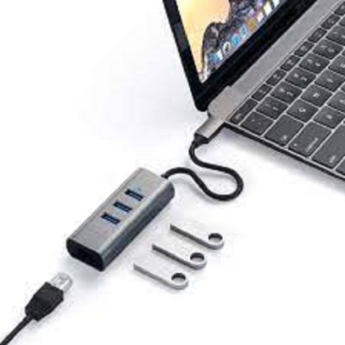 Satechi Type-C 2-in-1 USB 3.0 Aluminum 3 Port Hub & Ethernet - For Laptops & desktops
