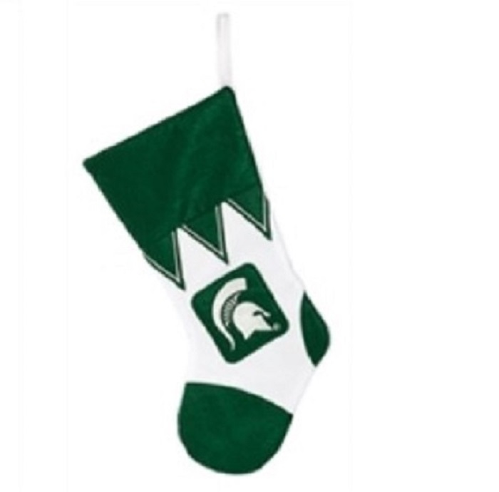 MSU Christmas Stocking, plush green and white, 17 in, stocking embroidered with Michigan State on top and Spartan head in middle.