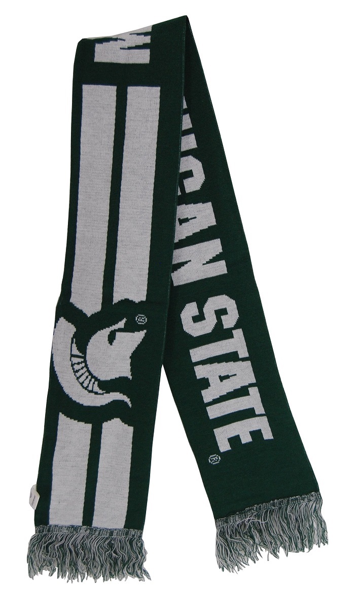 MSU Scarf, 100% acrylic knit. Green and white w/Michigan State University and Spartan helmet. 65" long, fringed