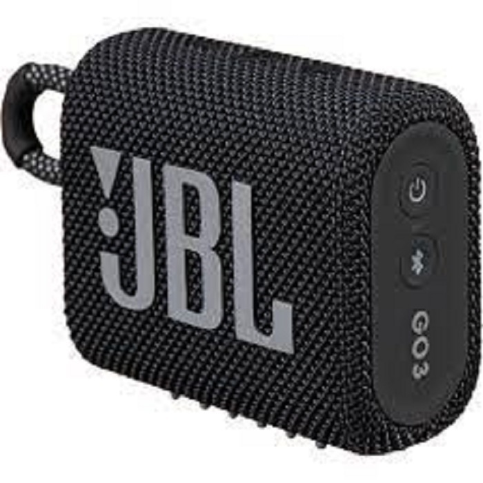 JBL Go 3 Wireless Speaker - Black--Bluetooth, IP67 Waterproof & dustproof, Built-in Loop for attachment rating. Up to 5 hrs of play time. 