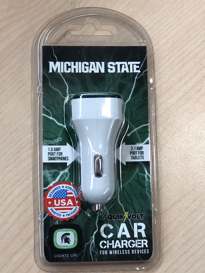 MSU logo Collegiate USB Dual Port Car Charger - for iPhones, iPads - MSU logo lights up when plugged in