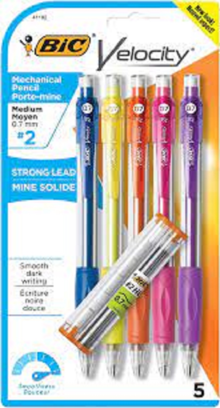 Bic Velocity Mechanical Pencil .7mm 5 Pk Blu/Gry/Pnk/Grn-Medium Point.  Smoothest, darkest writing vs other BIC mechanical pencils.  Strong Lead that erases cleanly. Durable eraser