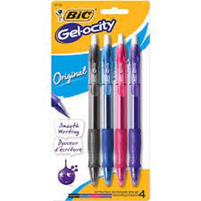 BIC Gel-ocity Original Retractable Gel Pen - Asst .7mm 4Pk-Textured rubber grip for comfort.  Assorted colors-Black, Blue, Pink & purple. 