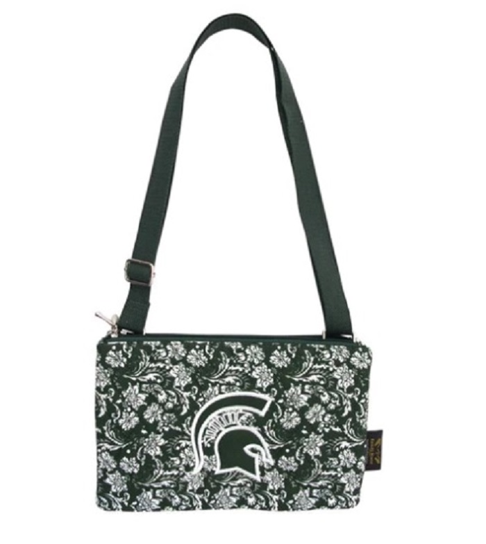 Michigan State Quilted Cross Body Wallet. All-in-one phone case, wallet, and cross-body wallet in green and white floral pattern
