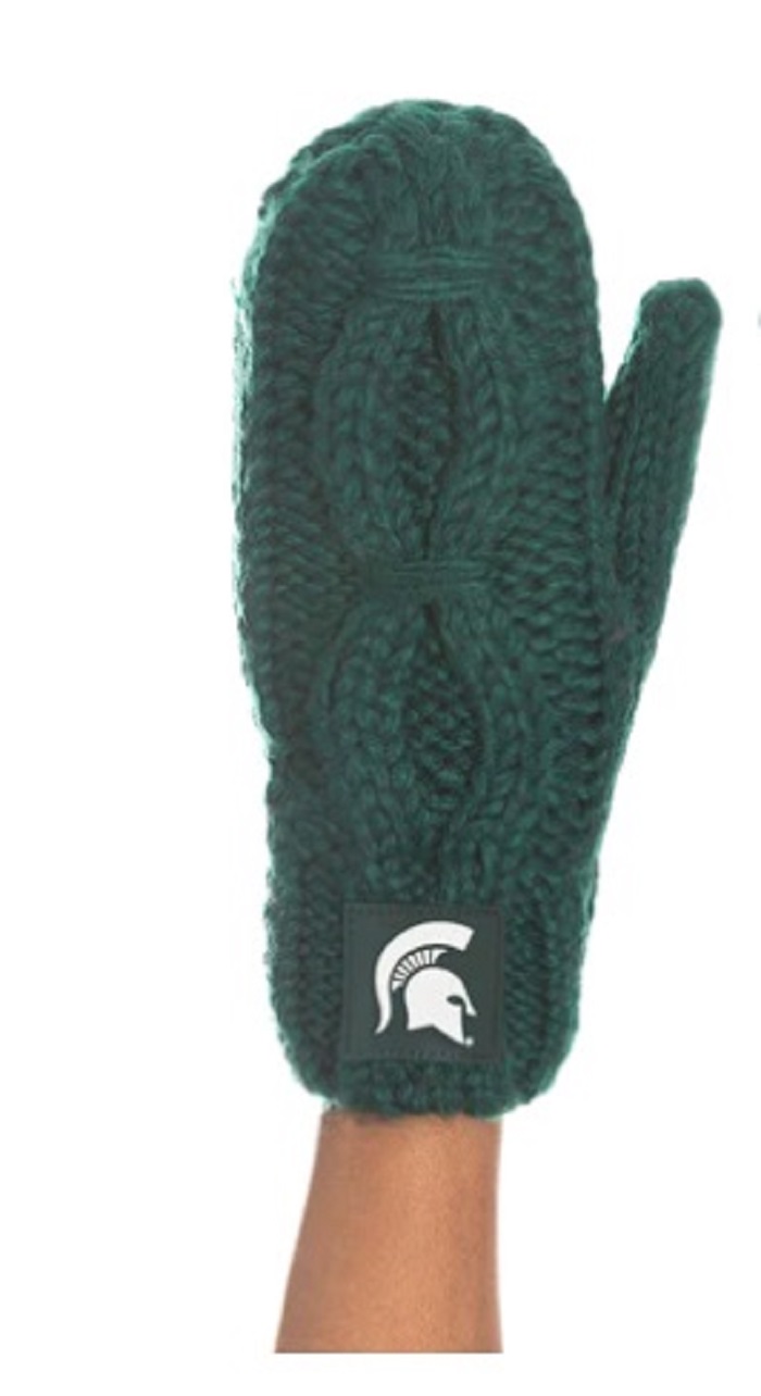MSU Green Helmet Cable mittens -Stay warm with these green cable-knit mittens that feature a Spartan helmet logo on the wrist. Mittens are fleece lined.