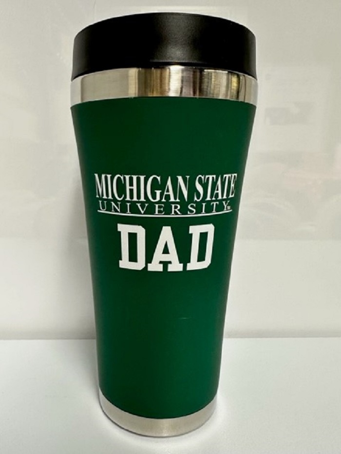 Michigan State Dad Travel Mug-Description This 16 oz. forest green, satin-finished, stainless steel lined tumbler is printed with "Michigan State University Dad" in white.