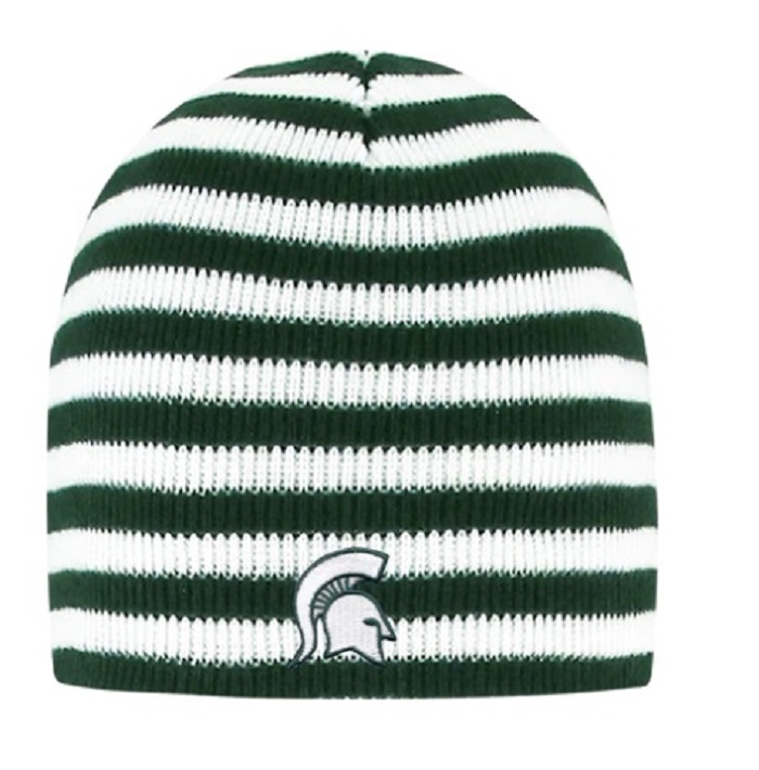 Spartan Helmet MSU Blizzard Striped Beanie.  This soft, 100% acrylic knit beanie features white and green stripes, with a Spartan helmet embroidered on the front.